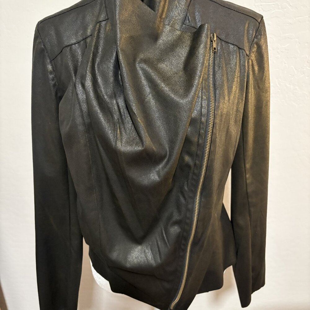 Mote Faux Leather Jacket Size Large, Black Gold tone. Light weight.